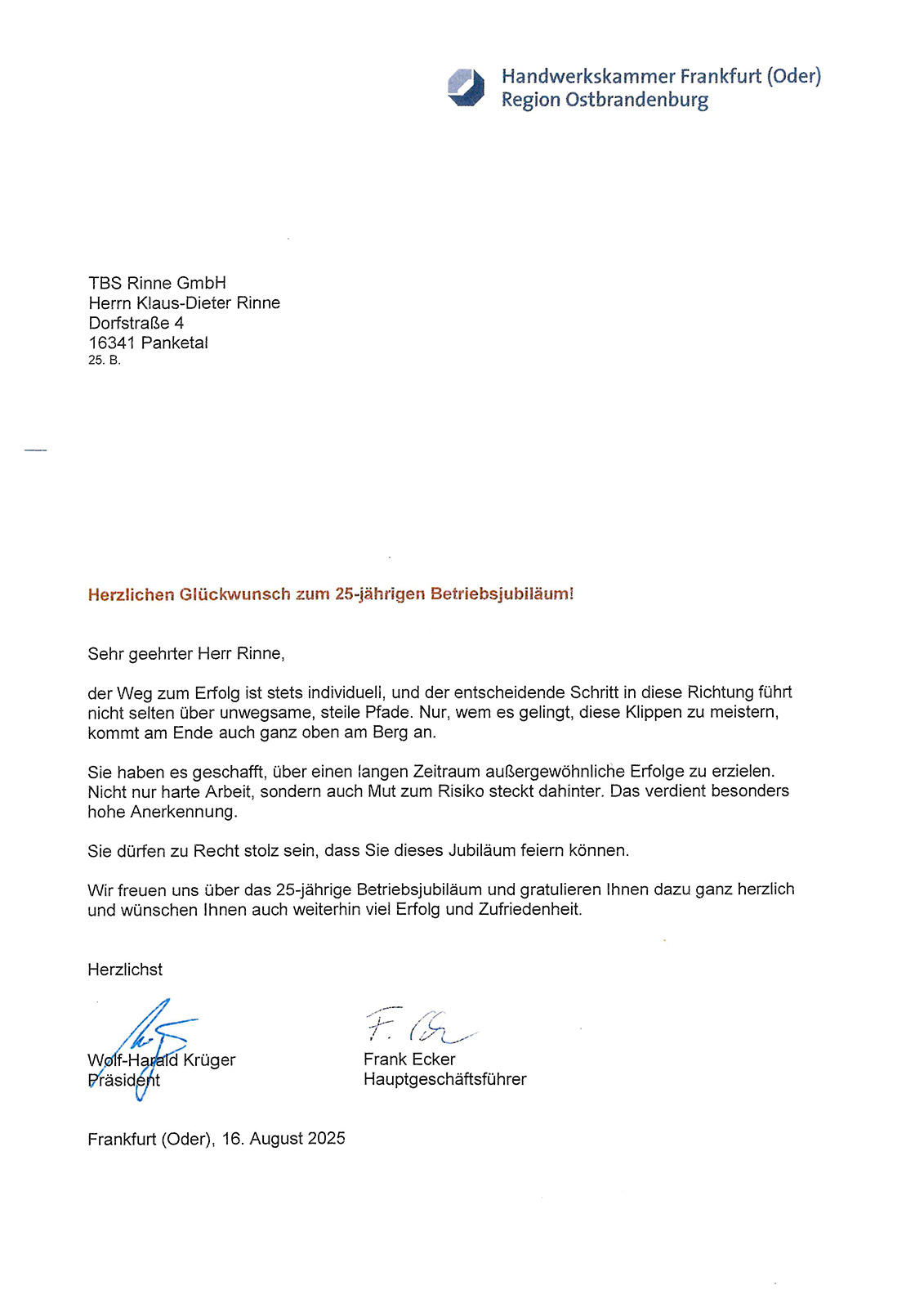 Das Schreiben der Handwerkskammer Frankfurt (Oder) gratuliert zum Firmenjubiläum